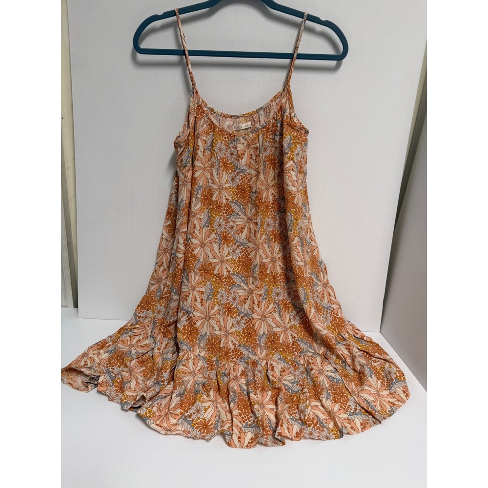 Becool Floral Mini Dress Orange Peach Blue Retro 70s Style Ruffle Hem Small